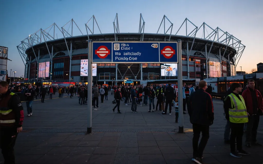 比赛日前夕的球场外广场与交通指示牌，人流有序，氛围紧张又兴奋