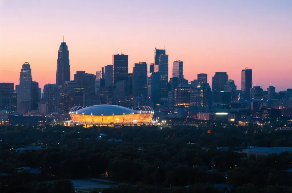A beautiful evening skyline of a major North American city, with a glowing sports arena in the distance